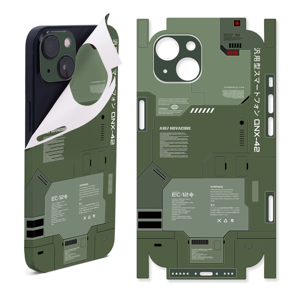 ทหารสีเขียว Futuristic Tech สไตล ์ ป ้ องกันรอยขีดข ่ วนและออกซิเดชันสติกเกอร ์ ผิวสําหรับ iPhone 13 14 15 Pro Max