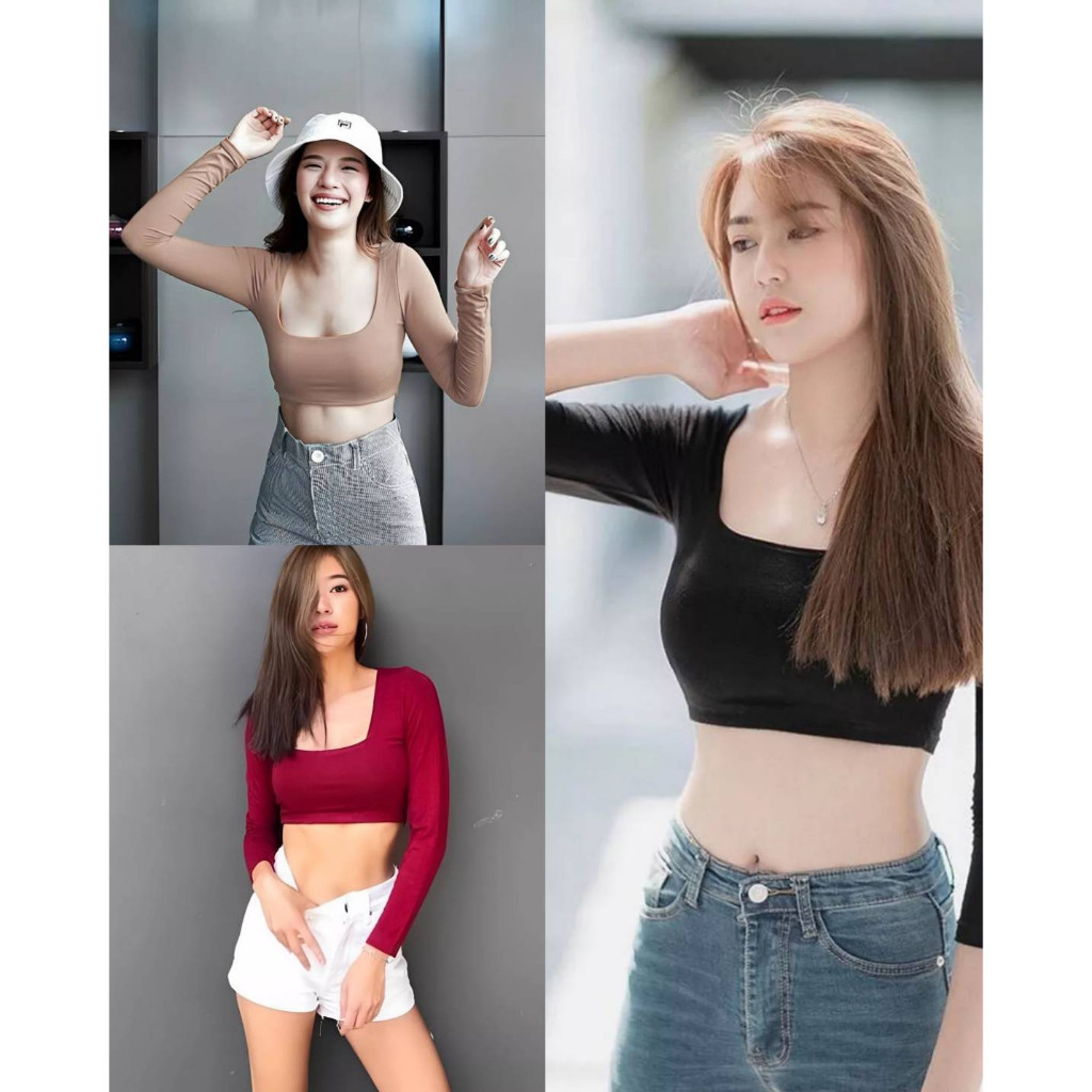 เสื้อครอปคอเหลี่ยมแขนยาว เอวลอย (ผ้าเรย่อน) เสื้อคอเหลี่ยม ครอปแขนยาว ผ้าเรยอน2ชั้น ครอปคอเหลี่ยม เสื้อเรยอน เสื้อครอ
