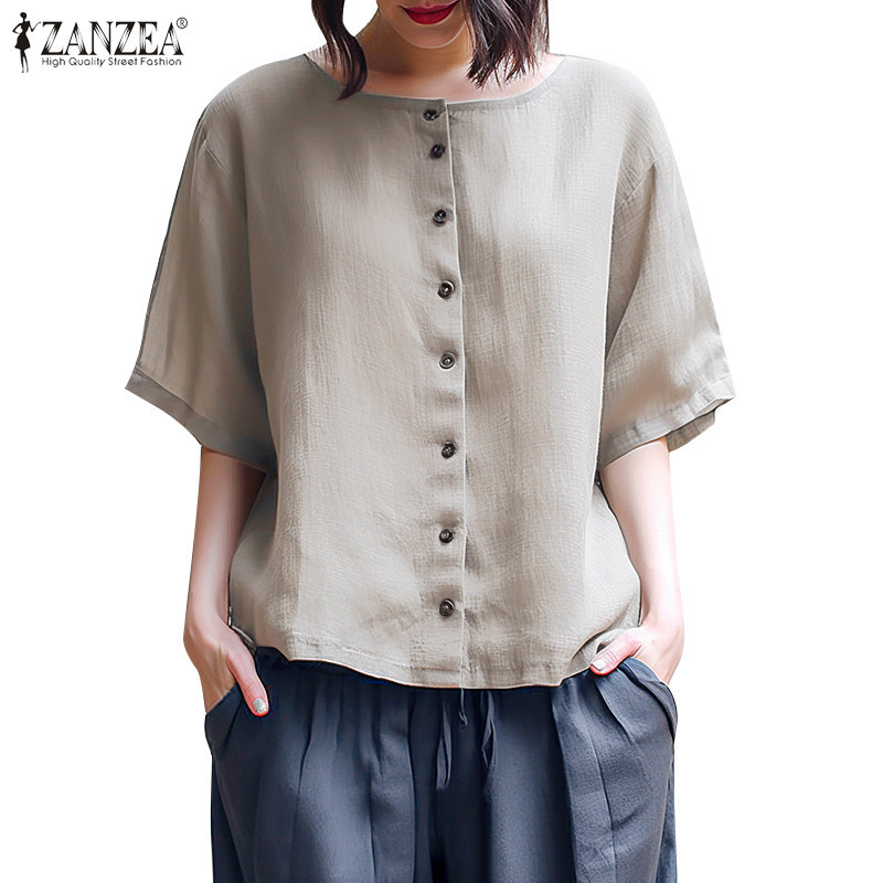 Zanzea ผู ้ หญิงเกาหลีลําลองหลวมรูปตัว H ปุ ่ มตกแต ่ งแขนสั ้ นเสื ้ อคอกลม