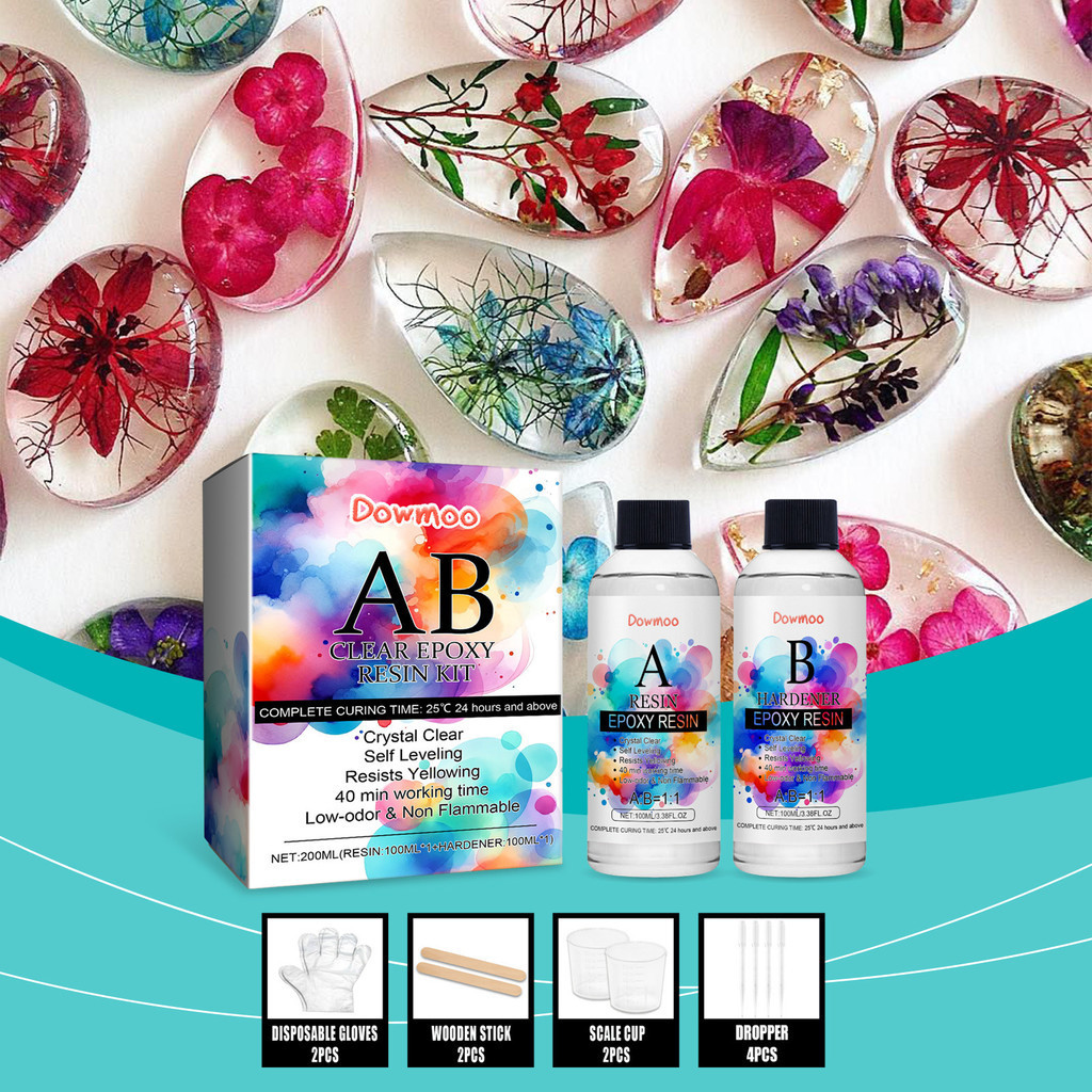 200ml Dowmooo DIY อีพ็อกซี่เรซิ่น Art Kit Handmade คริสตัลหยดกาวสูงโปร่งใส Fast Drying AB กาวชุด ABBY