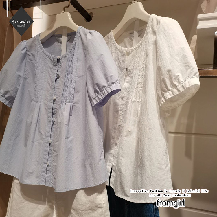 เสื ้ อคอกลมฝรั ่ งเศสผู ้ หญิงฤดูร ้ อนวินเทจหลวมด ้ านบน