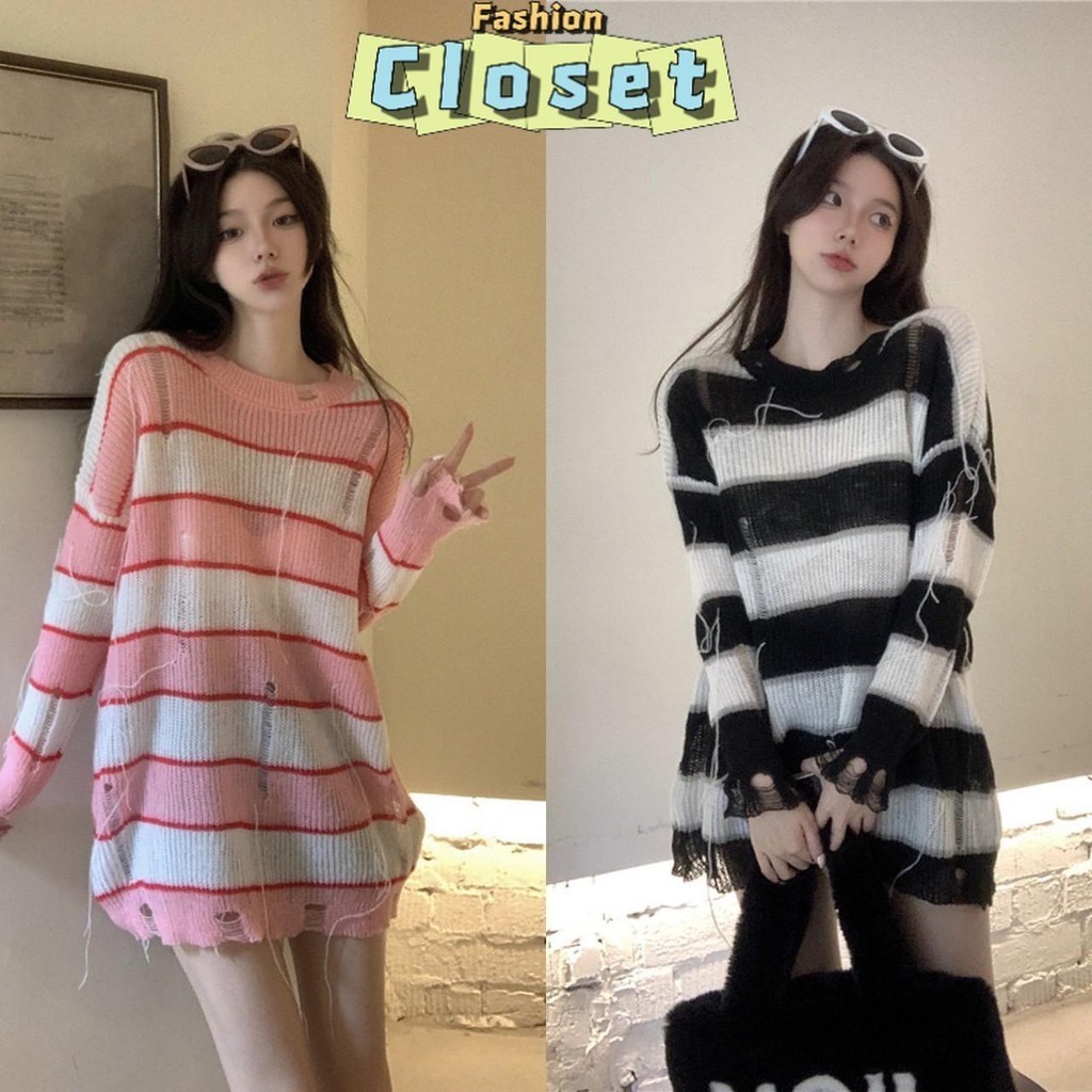 Closet เสื้อผ้าผู้หญิง "M5813" เสื้อแขนยาวไหมพรม ดีเทลลายทางขาดๆ เท่ไม่ซ้ำใคร