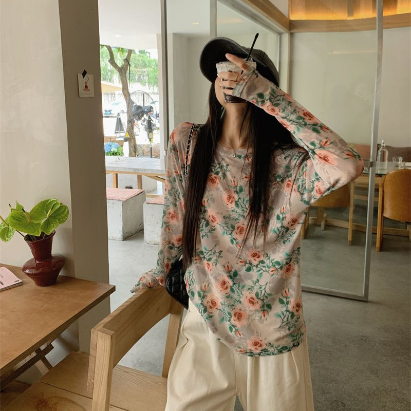 Milyfashion Retro Floral Long-Sleeved Bottoming เสื้อผู้หญิง 2024 สไตล์ใหม่ฤดูร้อนครีมกันแดดเสื้อผ้า Tulle ด้านนอก Top