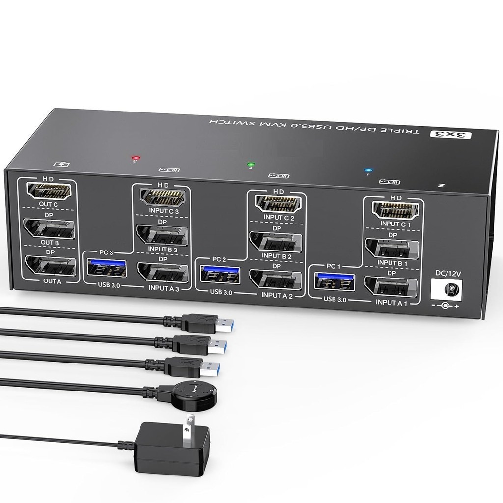 Kceve KVM Switch 3 คอมพิวเตอร์ 3 จอภาพ HDMI + DisplayPort USB 3.0 KVM Switcher 8K@30Hz/4k@144Hz Trip