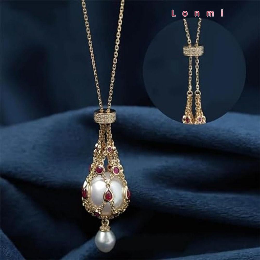 Lonmi Pearl อัญมณี Lavalier จี้,โลหะเปลี่ยนผู้ถือคริสตัลกรงสร้อยคอ,แฟชั่นเครื่องประดับของขวัญปรับถักตาข่าย Necklac ผู้หญิง