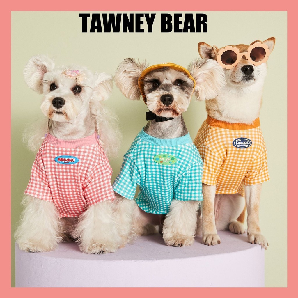 TawneyBear เสื้อผ้าสัตว์เลี้ยงสุนัขแมวบางน่ารักลูกอมสีลายสก๊อตเสื้อยืด TB-FS-SS