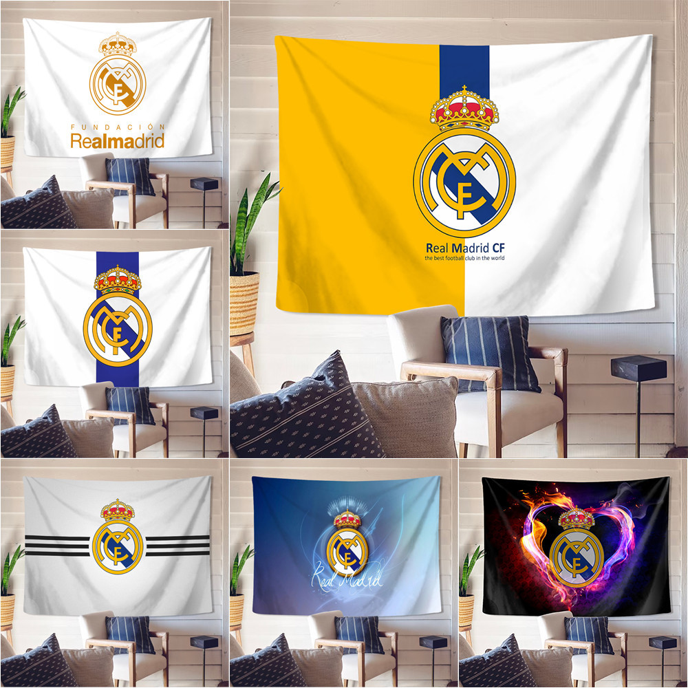 Real Madrid CF Logo Wall Tapestry พร้อมคลิปโพลีเอสเตอร์ Tapestries ห้องนอนแขวนผนัง Tapestry ตกแต่งบ้าน