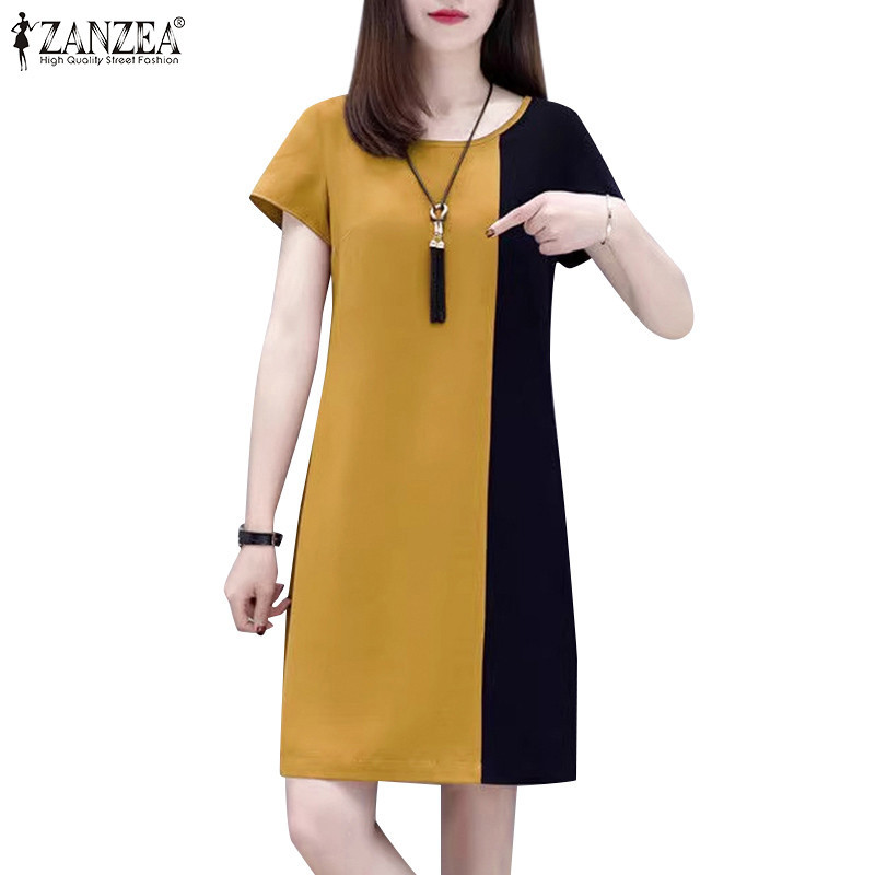 Zanzea ชุดเดรสคอกลมแขนสั้นแฟชั่นเกาหลีสําหรับผู้หญิง