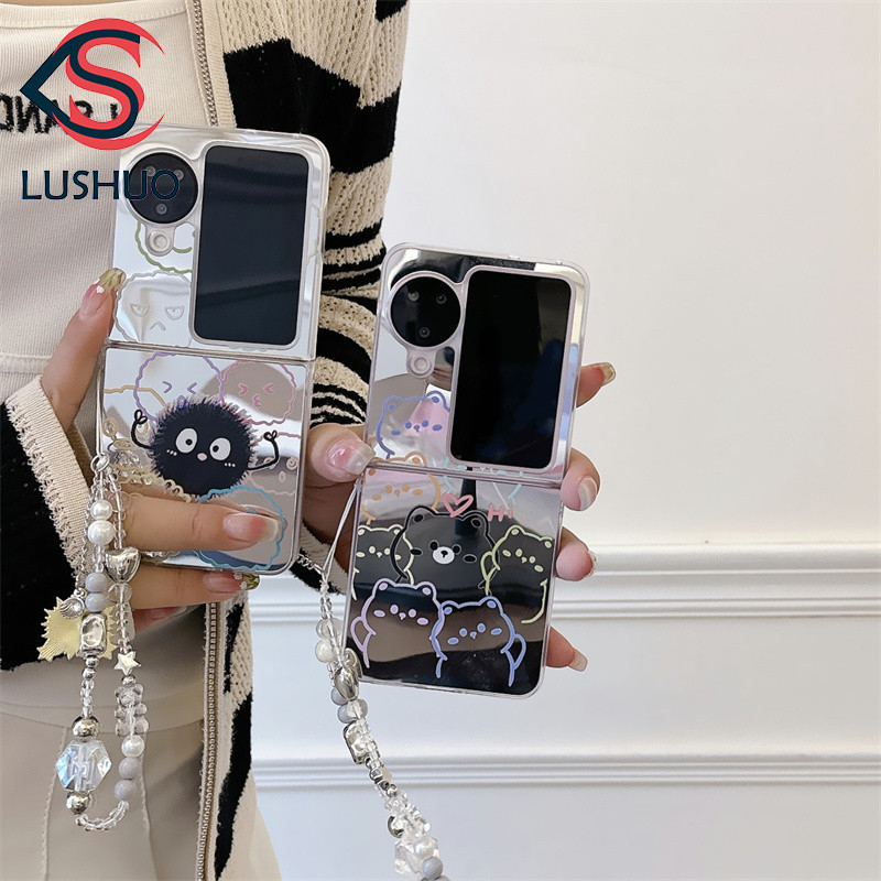 SAMSUNG Lushuoเคสโทรศัพท์สําหรับsamsung Galaxy Z Flip 6 5 4 3 OPPOค้นหาN2 Flip N3 Flipน่ารักการ์ตูนชุบกระจกปกหลังพร้อมสายรัดสําหรับFlip3 Flip4 Flip5 Flip6 N2Flip N3Flip