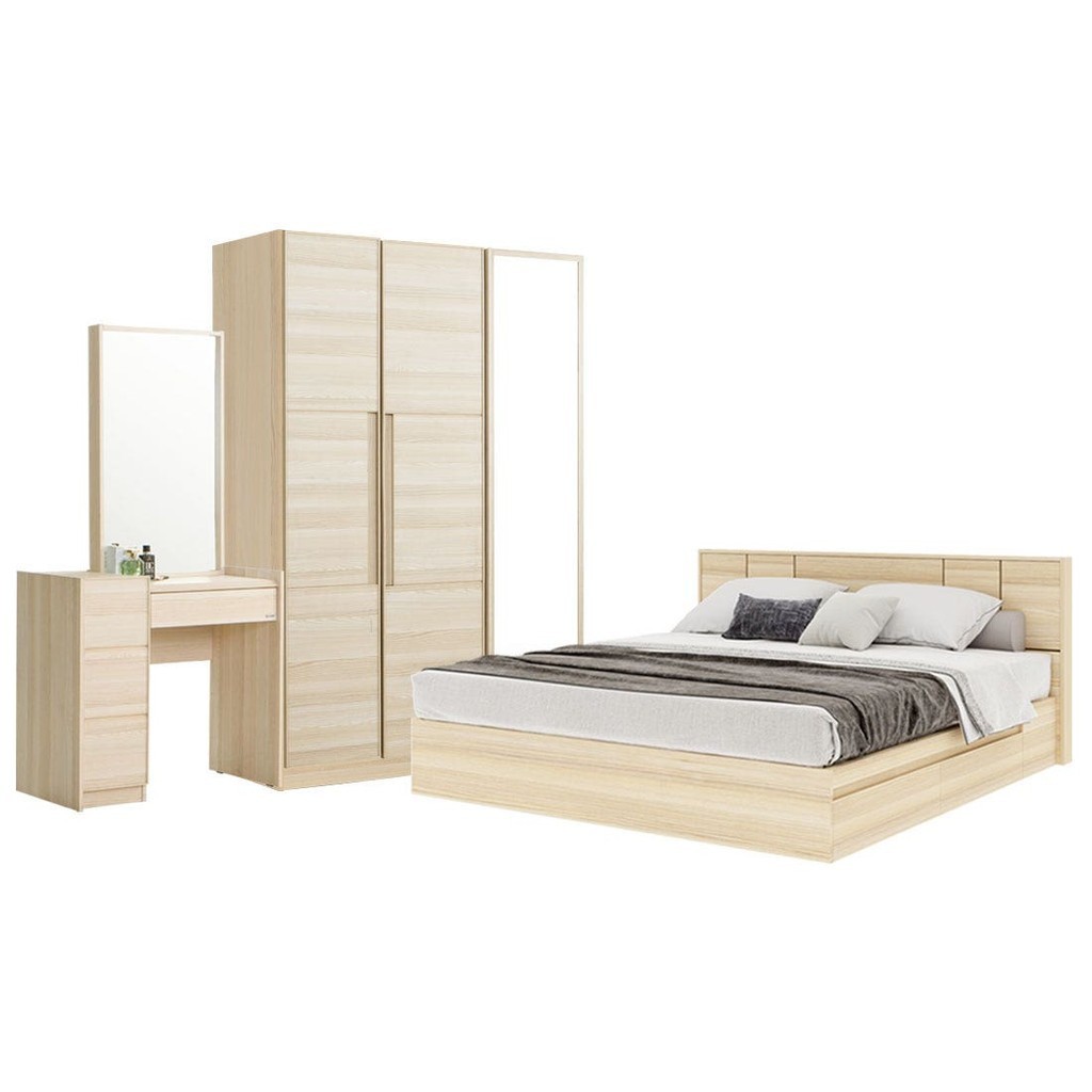 Koncept Furniture ชุดห้องนอน ขนาด 5 ฟุต แบบลิ้นชัก รุ่น Hakone & ตู้เสื้อผ้าขนาด 134ซม. สีไม้อ่อน แบรนด์ KONCEPT FURNIT