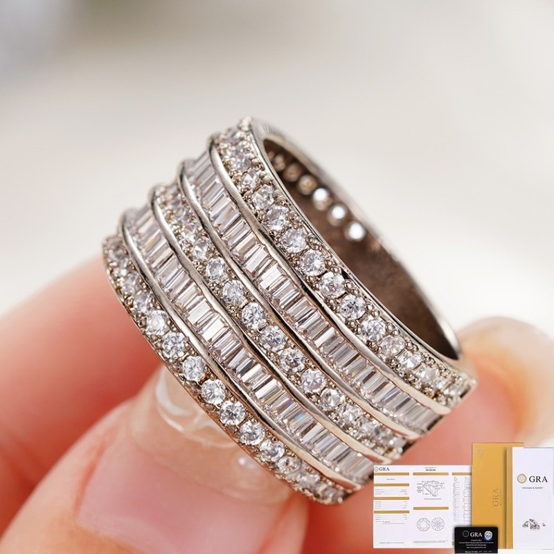 [ใบรับรอง Gra ฟรี] ใหม่ห้าแถว Moissanite Shiny แฟชั่น 925 แหวนเงิน