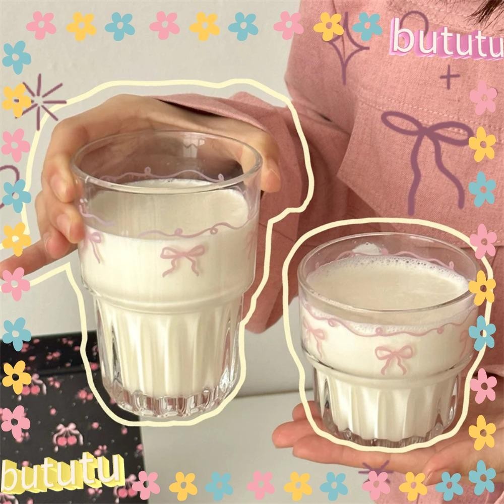 Butu Ins Style Bow Glass, ถ้วยอาหารเช้าโบว์แก้ว, แฟชั่น Thicken สีชมพู Girly Heart ถ้วยกาแฟ