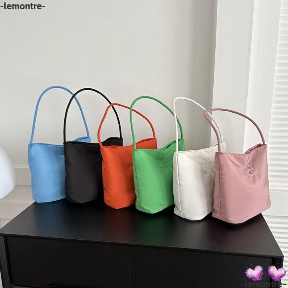 Lemontre กระเป๋าถือ กระเป๋าสะพายไหล่ ทรงโท้ท จุของได้เยอะ ปักลายตัวอักษร สีพื้น สไตล์มินิมอล สําหรับเด็กผู้หญิง