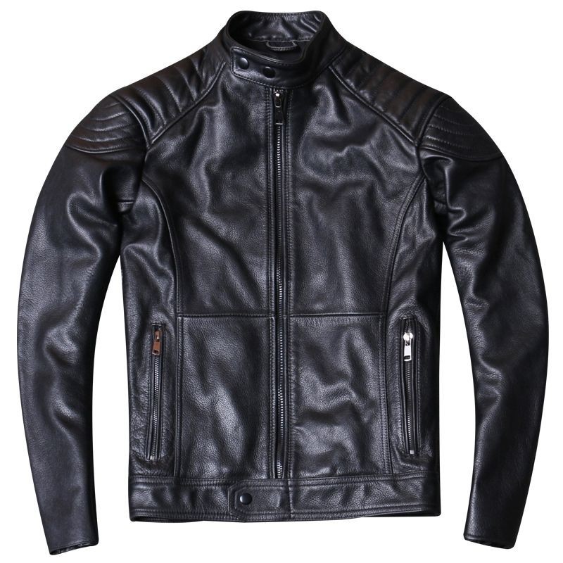 F First Layer Cowhide Stand-Up Collar ของแท้หนัง Slim-Fit แจ็คเก็ตหนังผู้ชายเสื้อลําลอง Harley