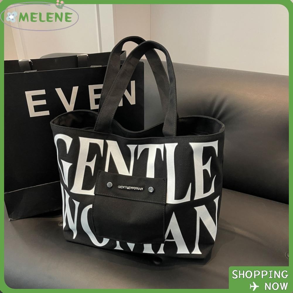 กระเป๋าผ้าแคนวาส MELENE กระเป๋าช้อปปิ้งตัวอักษรโลหะความจุขนาดใหญ่ แฟชั่นไทย Gentlewoman กระเป๋าสะพายไหล่ลําลองแบบพกพา