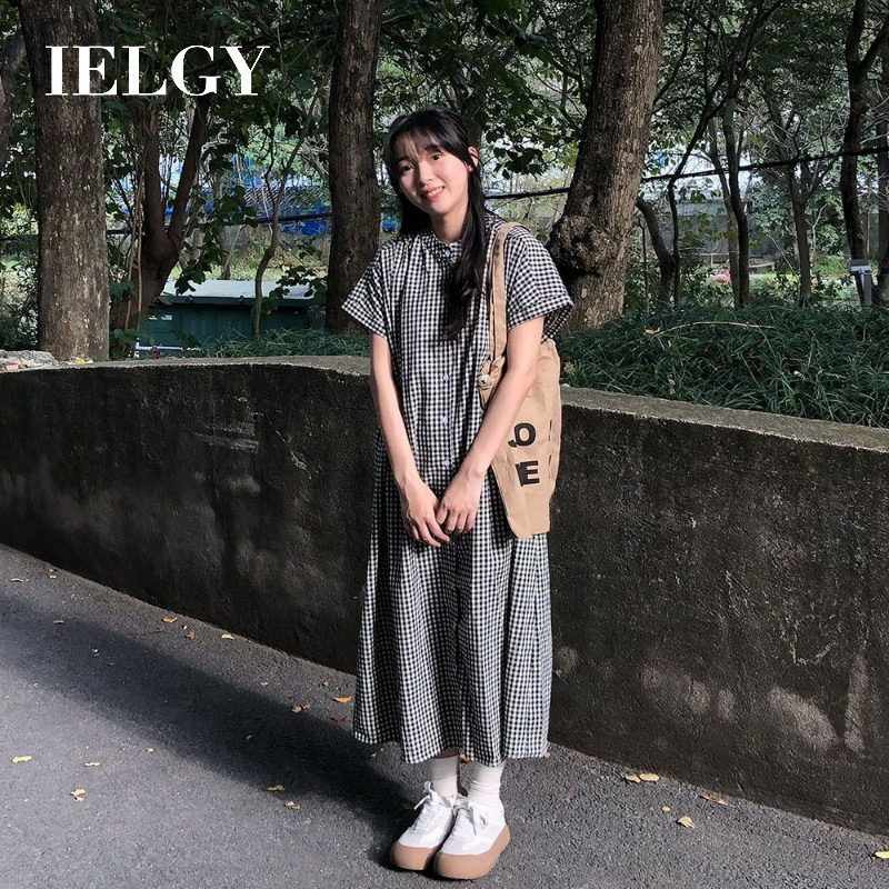 IELGY สไตล์ญี่ปุ่นแขนสั้นลายสก๊อตชุดผู้หญิงหลวมกลางความยาวแฟชั่นเสื้อชุด