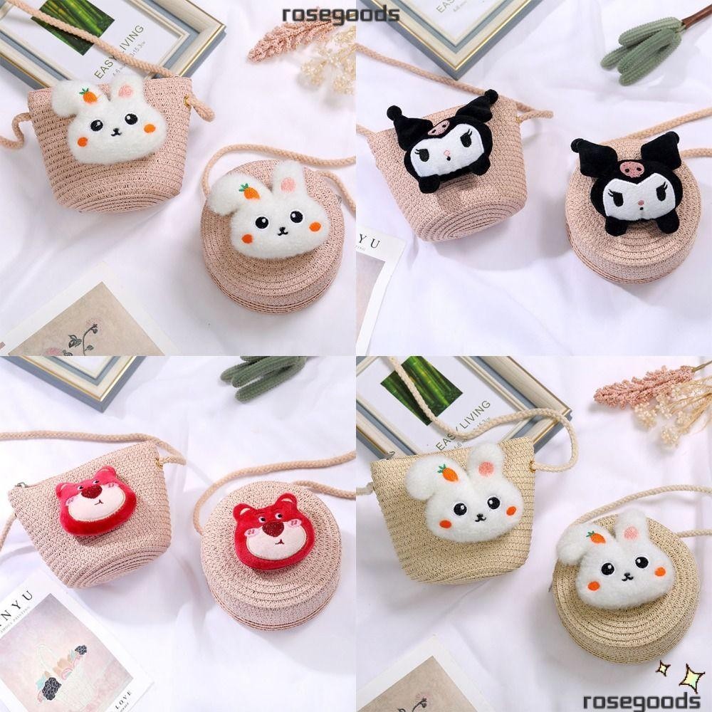 กระเป๋าสะพาย ROSE, กระเป๋าสะพายข้างฟาง Kuromi, กระเป๋าใส่เหรียญทอแฮนด์เมดกระต่ายหมีสตรอเบอร์รี่น่ารักสําหรับเด็ก