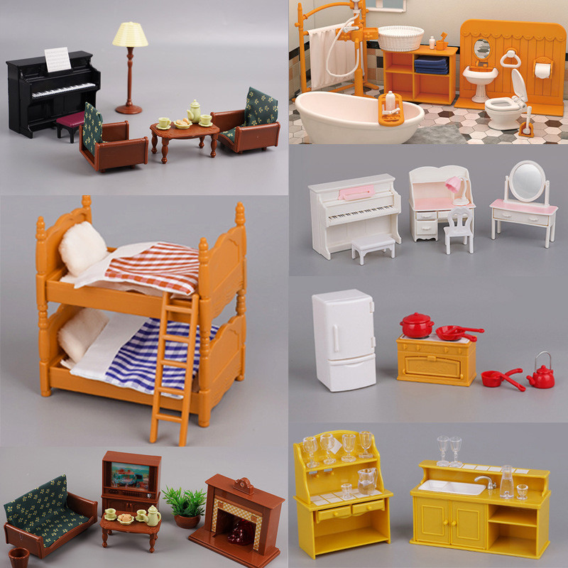 ครอบครัวสัตว์มินิกระต่ายบ้านตุ๊กตาเด็กเล่นบ้านจําลองเฟอร์นิเจอร์ชุดบ้านตุ๊กตาสาวของเล่น