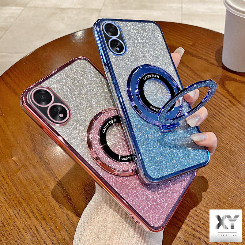 เคส OPPO A18 A38 A77 A58 A78 A57 A17K A17 A16 A16K A12 A15S A15 A7 A5S A3S A54 A36 A76 A96 A9 A5 2020 หรูหราชุบบางเฉียบกระพริบฝาครอบโปร่งใสกรณีเชลล์พร้อมวงเล็บแหวนแม่เหล็กดูดและเลนส์ป้องกันการตกครอบคลุมเต็มรูปแบบ