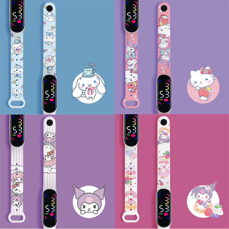 SANRIO ซานริโอ คุโรมิ ไฟ นํา นาฬิกาสําหรับเด็กหญิงสายรัดซิลิโคนเด็กกันน้ํานาฬิกาอิเล็กทรอนิกส์คุณภาพสูงนาฬิกาสปอร์ตสําหรับเด็กนาฬิกา
