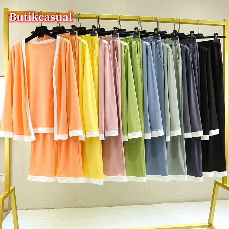 ชุดเสื้อคาร์ดิแกนแขนยาว กางเกงขากว้าง ผ้าเรยอน ทรงหลวม สําหรับผู้หญิง รองรับ 40-80 กก.