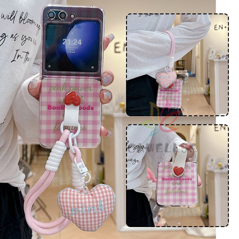 SAMSUNG น่ารักสีชมพูตาหมากรุกใสพีซีเคสโทรศัพท์samsung Galaxy Z Flip 6 Z Flip 5 Z Flip 4 Z Flip 3 5G Love Heartแหวนสายรัดข้อมือกันกระแทกฝาหลังกรณี