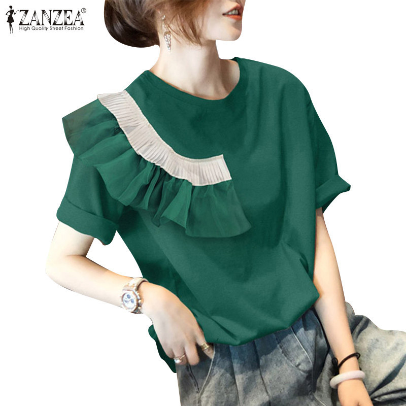 Zanzea เสื้อเบลาส์แขนสั้นคอกลมลําลองสําหรับผู้หญิงหรูหรา