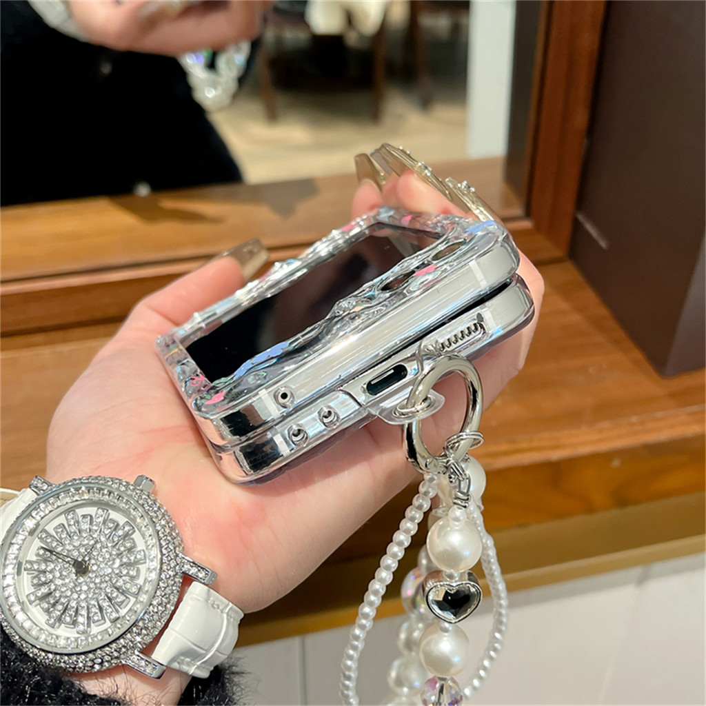 น่ารักสดระลอกน้ําดอกไม้ดอกไม้โปร่งใสเคสโทรศัพท์พร้อมโซ่มุกสําหรับ Samsung Galaxy Z Flip 5 6 Z Flip6 ZFlip 5 Zflip6 Zflip7 กันกระแทกปกหลัง - รูปที่ 5