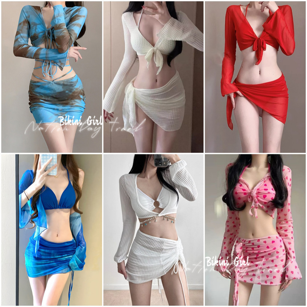 Bikini girl ชุดว่ายน้ำ3ชิ้น✨แขนยาวเซ็กซี่  ชุดเที่ยวทะเล  สีสันสดใส ลายดอกไม้ หลากสไตล์ จัดส่งจากกรุงเทพฯ ประเทศไทย