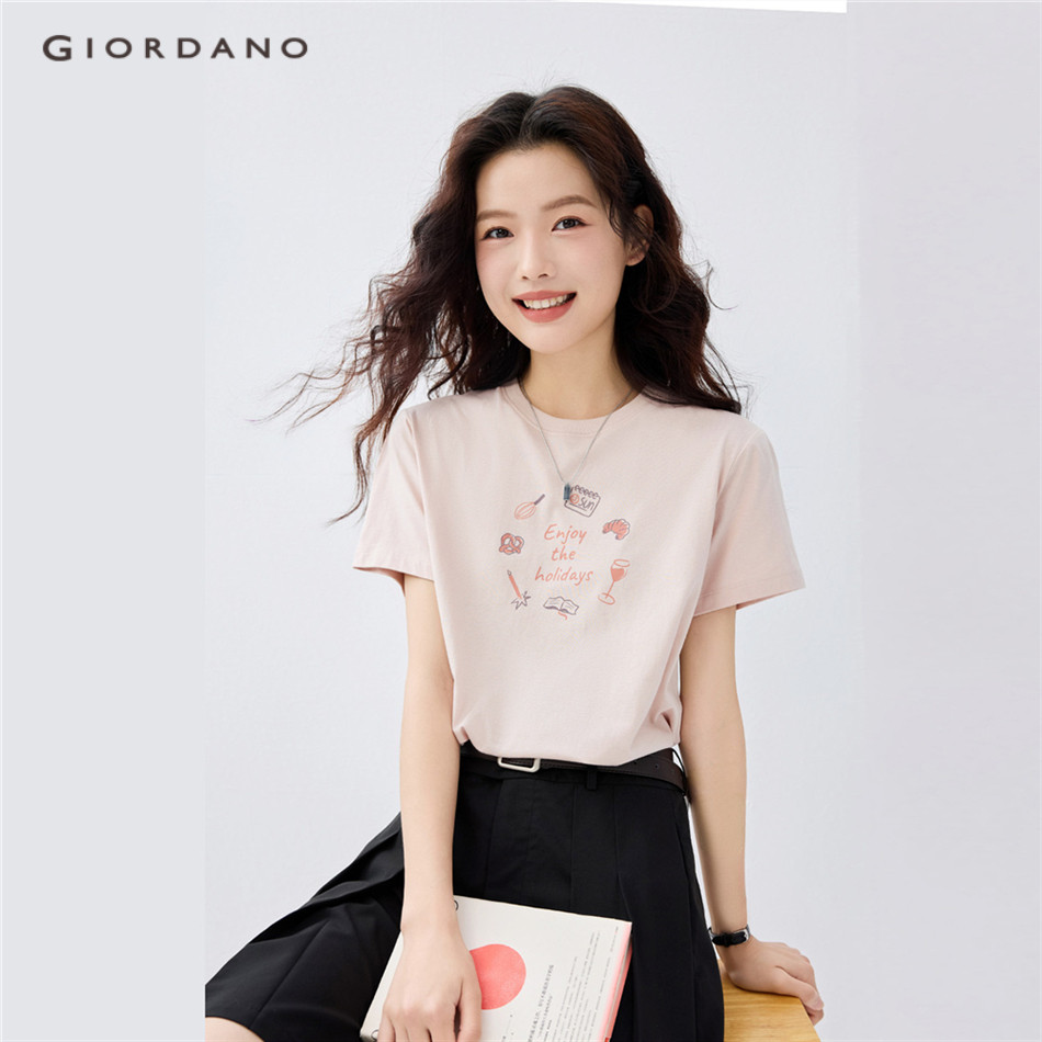 Giordano WOMEN เสื้อยืดแขนสั้นพิมพ์ลาย Cotton mologue 100% 13395204