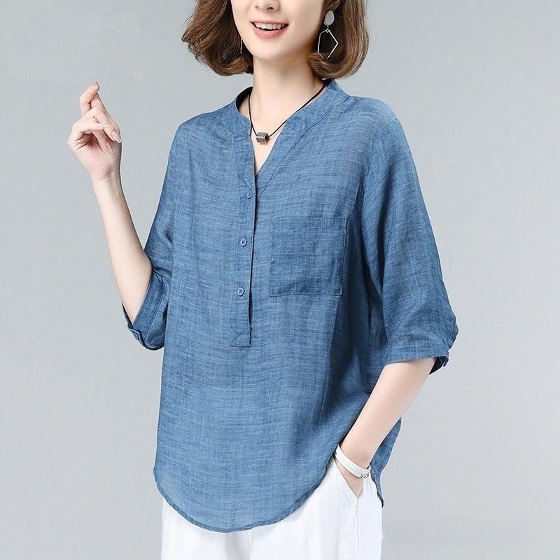 เสื้อเชิ้ตผ้าลินินผ้าฝ้ายแขน 3/4 สําหรับผู้หญิง, แขนสั้นขนาดบวก, เสื้อผ้าแม่, ครึ่งแขน โวลต์ คอบางเสื้อ ใบหู