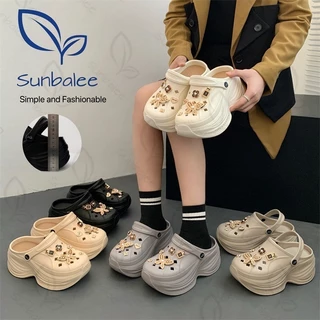 SUNBALEE 🧸 SUNG96 รองเท้าหัวโต แถม jibbitz รองเท้าเสริมส้น สูง 8 เซน สีพื้น แบบสวม สินค้าพร้อมส่ง