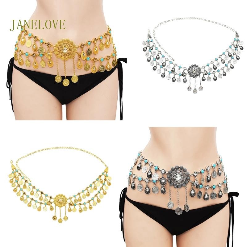 Jlove เหรียญ Belly Chain อินเดียเอวเครื่องประดับทองเงินเต้นรําชุดเข็มขัดเหรียญจี้ยาวพู่ Body เครื่อง