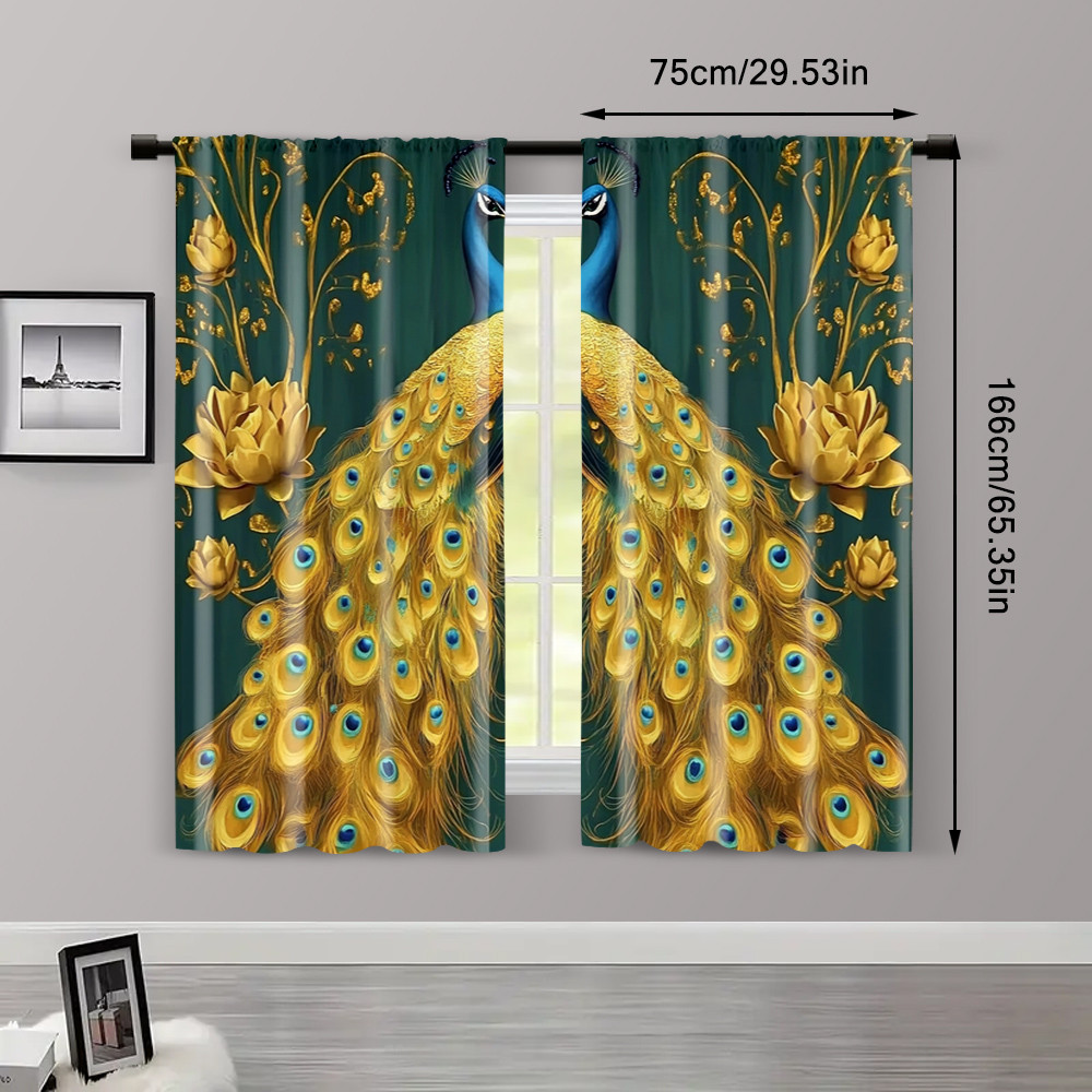 แนะนำ ผ้าม่าน 2ชิ้น ผ้าม่าน ม่านม้วน 2ง พิมพ์นกยูงสีทองพิมพ์โพลีเอสเตอร์ทนทาน (ไม่มีก้าน) ใช้วันหยุดสําหรับประเภทห้องต่างๆ ราคาพิเศษ มีเก็บเงินปลายทาง