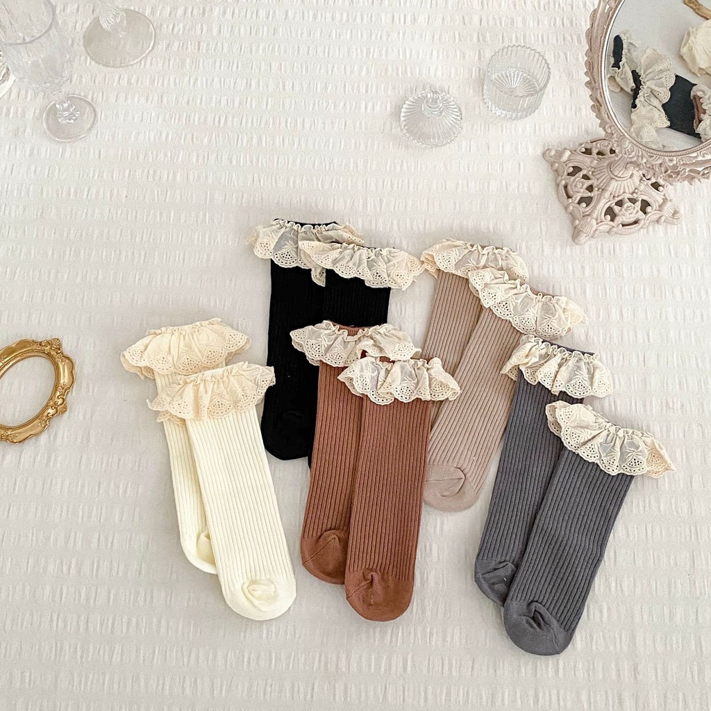 0-4 ปีเด็กกลาง-หลอดถุงเท้าลูกไม้เจ้าหญิงถุงเท้าผ้าฝ้ายเด็ก