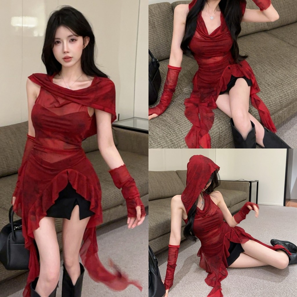 🍎Evelyn🍎ฮูดดี้ผ้าซี่ทรู สีแดง เข้ารูป แถมปลอกแขน สไตล์ลำลองยอดฮิต เสื้อฮู้ด แฟชั้น ใส่สบาย