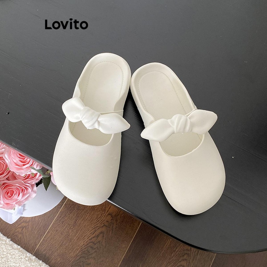 Lovito รองเท้าแตะผู้หญิง ส้นเตี้ย แต่งปม สีเรียบ สไตล์น่ารัก LFA28042