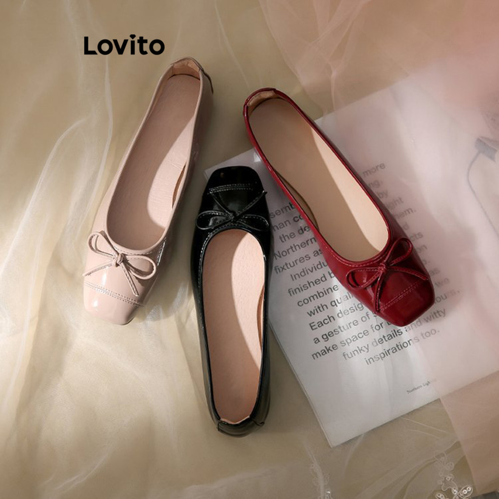 Lovito รองเท้าคัชชูผู้หญิง แต่งโบว์ สีเรียบ สไตล์ลำลอง LFA28040