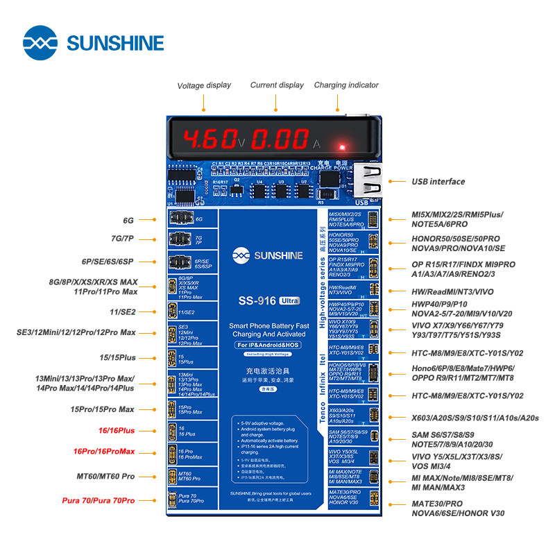 โทรศัพท์สมาร์ทแบตเตอรี่ Sunshine SS-916 Ultra Fast Charging Activation Fixture สําหรับ iPhone 6-16Pr