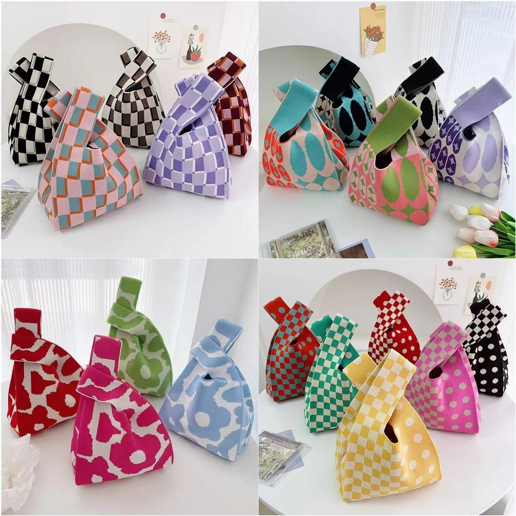 Lucky girl: พร้อมส่งไทย:กระเป๋าถือลําลอง ผ้าถัก ลายสก๊อต แฮนด์เมด ZB136