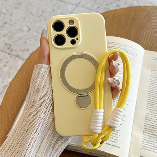 หรูหราแม่เหล็กซิลิโคน Lanyard เคสโทรศัพท์สําหรับ iPhone 16 15 14 13 Pro Max พร้อมสายรัดข้อมือ Spin Holder Stand Casing Soft Cover