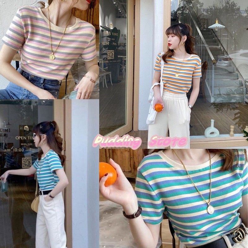 Pudding Store 'พร้อมส่ง' ' เสื้อสายเดี่ยวลายริ้ว  แถบรอบคอสามสีให้เลือก-FYB16