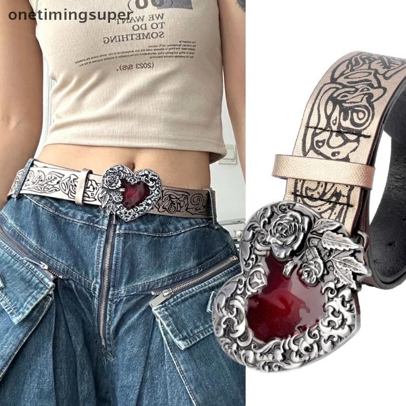 Onetimingsuper Gothic Punk หนัง Y2k เข็มขัดผู้หญิงโลหะสีแดงพีชหัวใจหัวเข็มขัดสายรัดเอวกางเกงยีนส์ตกแต่งเข็มขัดอุปกรณ์เสริม OTP