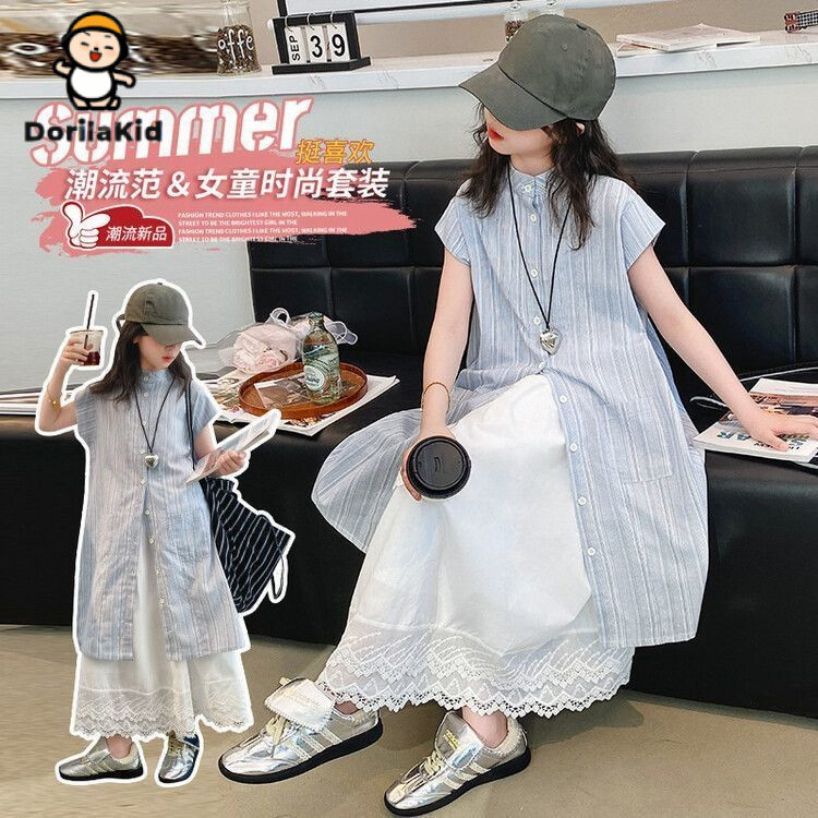 Dorila Girls 2025แฟชั่นใหม่ลำลอง2ชิ้น (กระโปรงด้านบน) 3ถึง4ถึง5ถึง6ถึง7ถึง8ถึง9ถึง10ถึง11ถึง12ปีหญิงเสื้อชีฟองเจ้าหญิงกระโปรงจีบกระโปรงกระโปรงลายสก๊อต