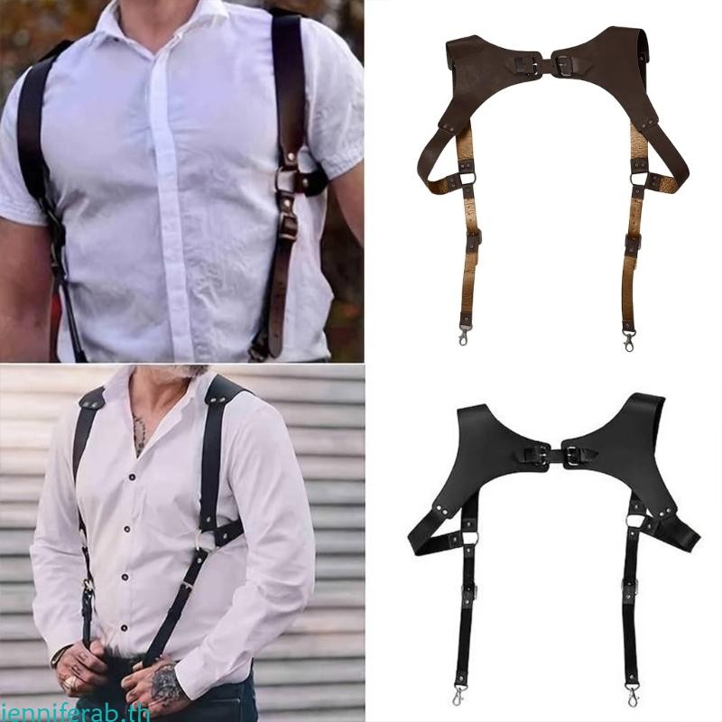 Jenniferab PU Leathers Suspenders สําหรับผู้ชาย Vintage Men Harness Punk เครื่องแต่งกายสายรัดหน้าอกไหล่เข็มขัดอุปกรณ์เสริม