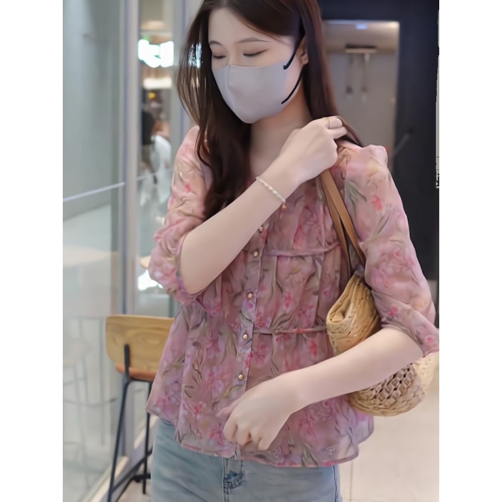 ฝรั่งเศสฤดูร้อนสไตล์ใหม่ดอกไม้คอวีสามไตรมาสแขนเสื้อแฟชั่นดีงามที่เรียบง่ายสบายๆทุกการแข่งขันสุภาพสตรีแฟชั่นด้านบน