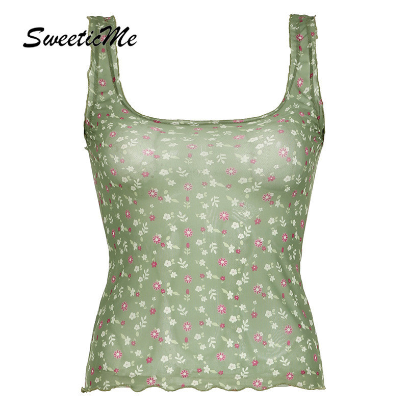 Sweeticme เสื้อกล้ามซีทรู ผ้าตาข่าย ลายดอกไม้ เซ็กซี่ แฟชั่นสําหรับผู้หญิง 2024
