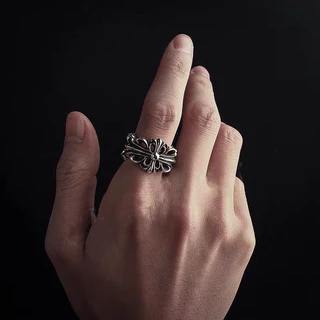 ไทเทเนียมเหล็ก Chrome Hearts Cross Ring Rock Hip-Hop Hollow เปิดแหวนคู่สําหรับผู้หญิงและผู้ชาย