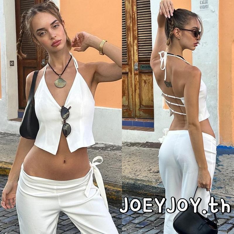 Joeyjoy-เสื้อกล้ามเชือกแขวนคอสําหรับผู้หญิงฤดูร้อนสีทึบกรีดชายเสื้อสลิมฟิตเสื้อกั๊กเปลือยstreetwear