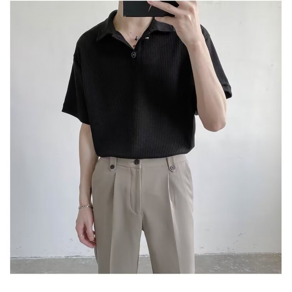 เสื้อโปโลชาย แขนสั้น สีขาว สไตล์เกาหลี สําหรับผู้ชาย
